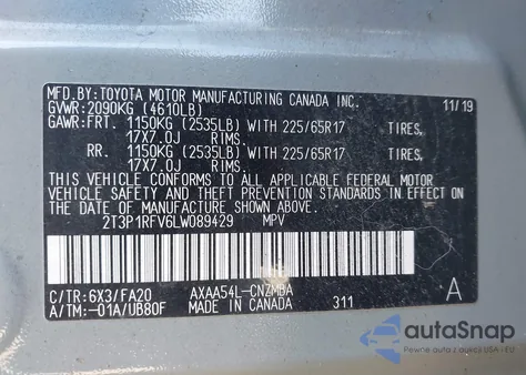2020 Toyota Rav4 Xle from USA, damaged, VIN 2T3P1RFV6LW089429